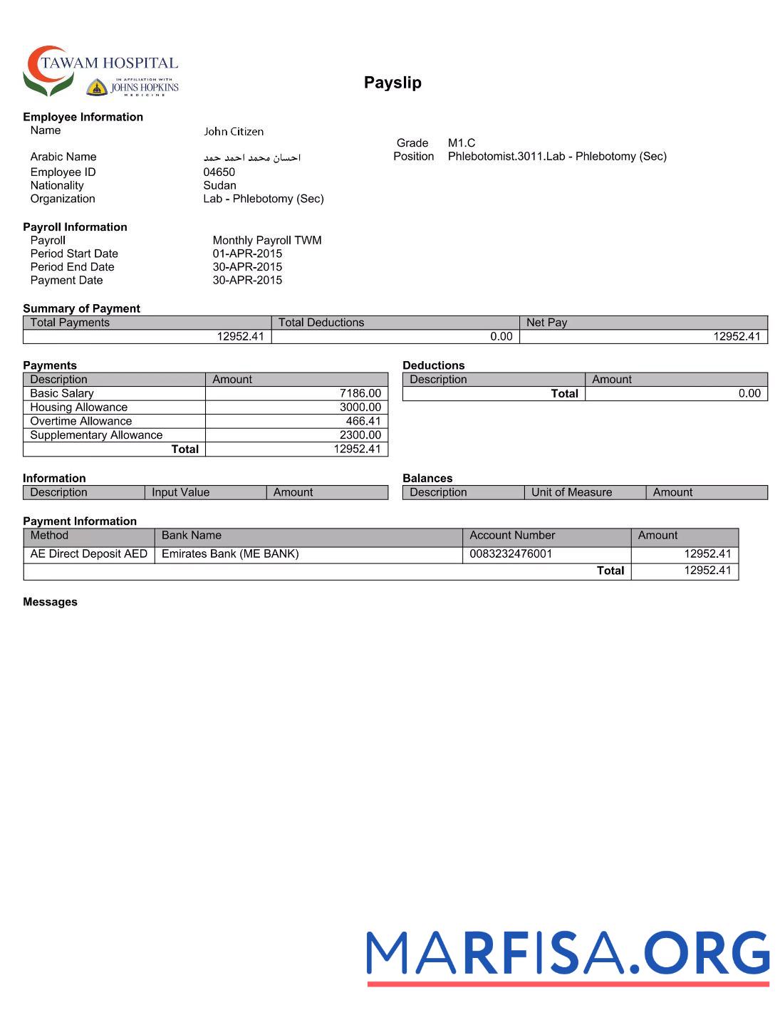 Blank UAE Tawam Hospital payslip sample